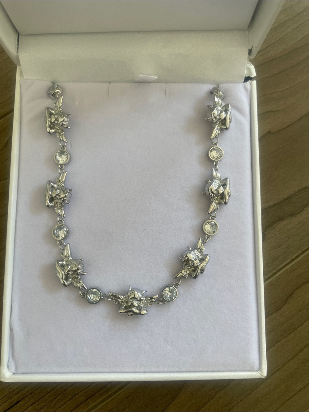 BOYS LIE Silver / Clear rhinestone Logo necklace Brand new in box .